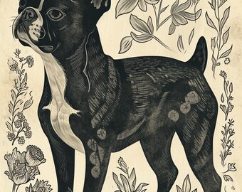 Vintage Style French Bulldog Illustration, Floral Animal Digital Art Print, Rustic Dog Drawing Home Decor