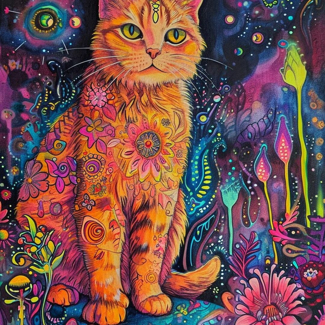 Colorful Cat Art Print, Psychedelic Cat Digital Download, Bohemian