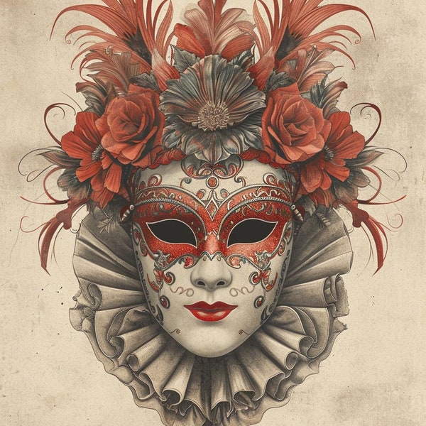 Venetian Mask Digital Print, Red and White Carnival Mask Wall Art, Elegant Masquerade Decor, Instant Download Artwork