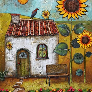 Rustic Sunflower Cottage Digital Art, Colorful Garden Landscape, Printable Wall Decor, Whimsical House Illustration