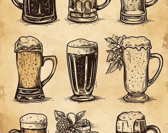 Vintage Beer Mug Illustrations, Set of 9, Digital Download, Printable Wall Art, Home Bar Decor, Craft Beer Lover Gift, Pub Artwork