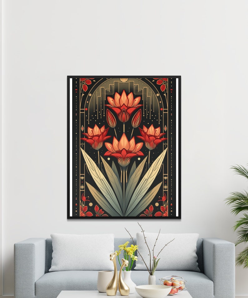 Art Deco Floral Print, Vintage Inspired Digital Download, Red Orange