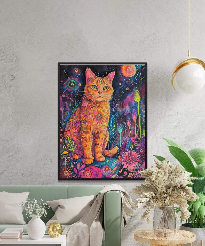 Colorful Cat Art Print, Psychedelic Cat Digital Download, Bohemian
