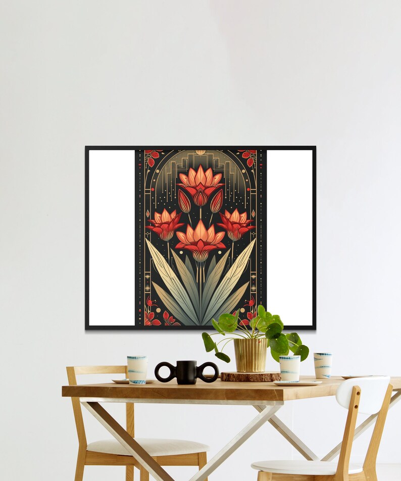Art Deco Floral Print, Vintage Inspired Digital Download, Red Orange