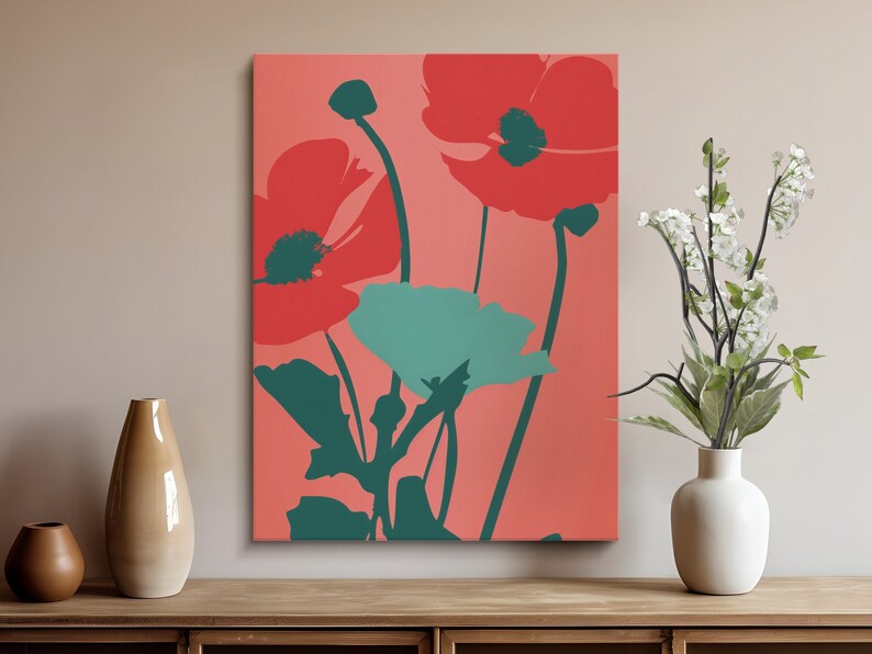 Abstract Floral Wall Art, Digital Download, Red and Teal Flowers