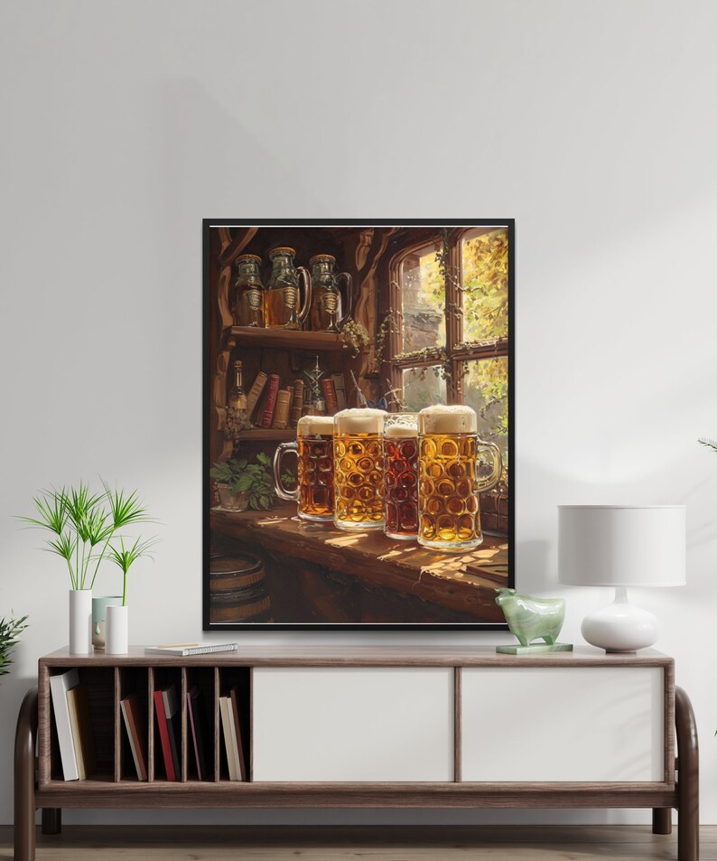 Rustic Beer Mugs Digital Painting, Vintage Tavern Artwork, Printable