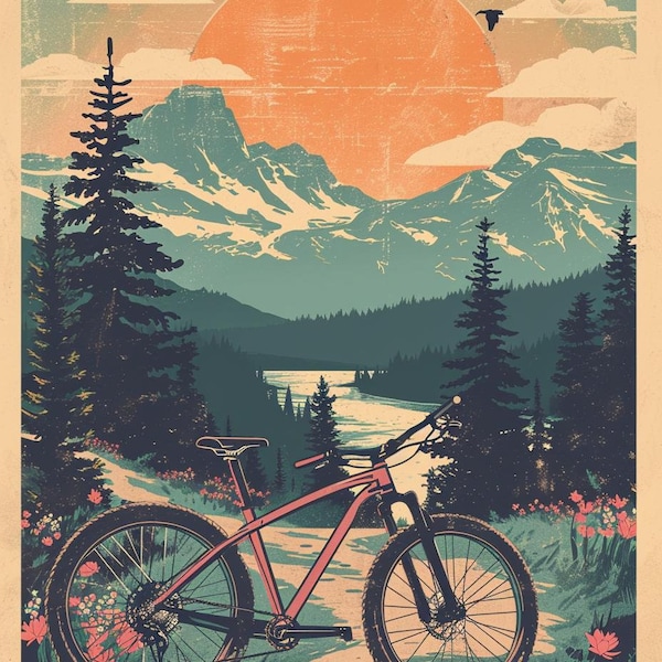 Vintage Mountain Bike Poster, Sunset Cycling Art Print, Nature Landscape Wall Decor, Outdoor Adventure Illustration, Digital Download