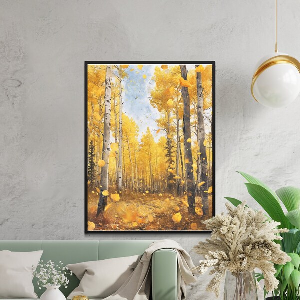 Autumn Forest Digital Print, Yellow Aspen Trees Photo, Fall Nature Wall Art, Instant Download Landscape, Seasonal Home Decor