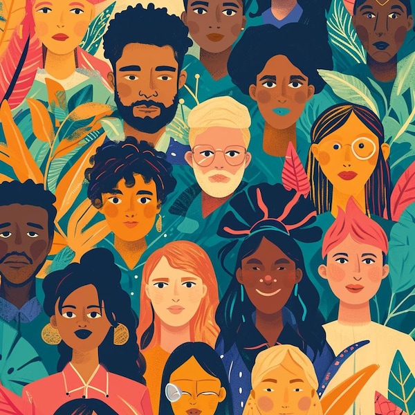 Diverse People Portrait Illustration, Inclusive Art Print, Digital Download, Vibrant Wall Art, Multicultural Faces Poster