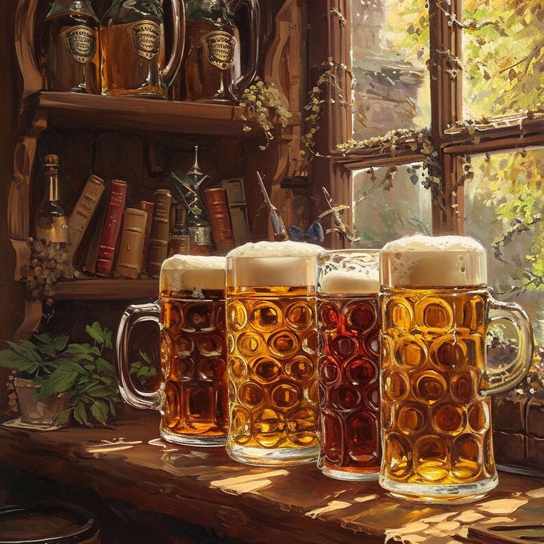 Rustic Beer Mugs Digital Painting, Vintage Tavern Artwork, Printable