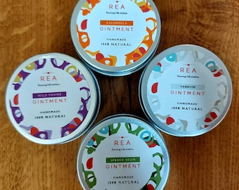 A set of 4 natural, organic, wild and handmade ointments (yarrow, calendula, wild thyme and spruce resin) with a free delivery and a gift