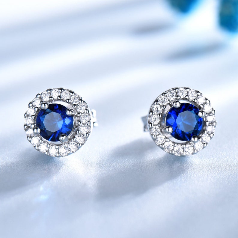 Silver Sapphire Earrings Round Flower Stud Earrings 925 - Etsy