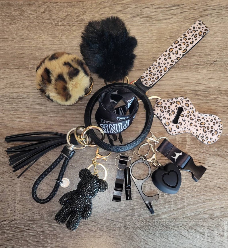 Women Keychain Set Alarm Pom Pom Flashlight Lanyard Whistle Key Lipgloss Gag Gift for her Women kids Wristlet Accessories Halloween 