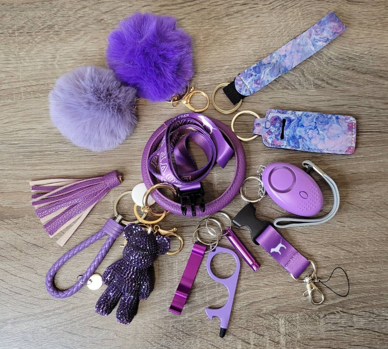 Safety Keychains Set Alarm Pom Pom Flashlight Lanyard Wristlet Key Lipstick Gag Gift her College Women kids Accessories 