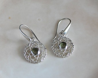 Sterling Silver Moldavite Flower Earrings, Crown Chakra