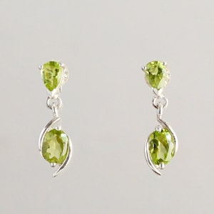 Peridot Stud Earrings, Natural Green Peridot, August Birthstone, Sterling Silver, Unique Oval Pear Earrings, Dangle Drop Stud Earring