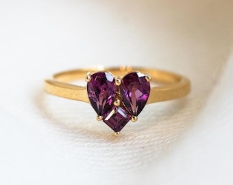 Rhodolite Garnet Heart Ring, 24K Gold Vermeil Sterling Silver
