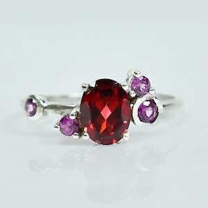 Designer Garnet Ring, Rhodolite Garnet & Red Garnet, January Birthstone, 925 Sterling Silver, Unique Asymmetrical Promise Ring, Gift For Her