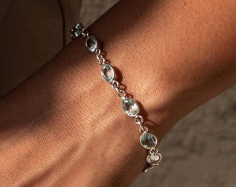 Natural Blue Topaz Bracelet in Sterling Silver, December Birthstone Bracelet, Handmade Gemstone Jewelry for Her