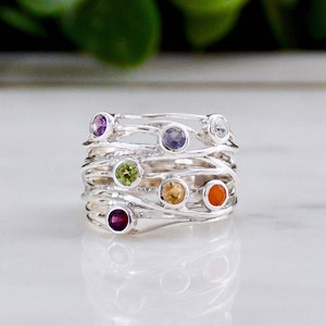 Statement Chakra Ring, Natural 7 Gemstones, Spiritual Healing Ring, Yoga Jewelry, Sterling Silver, Rainbow, Chakra Jewellery, Gift For Her