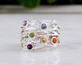 Bague chakra tendance, 7 pierres précieuses naturelles, bague de guérison spirituelle, bijoux de yoga, argent sterling, arc-en-ciel, bijoux chakra, cadeau pour elle