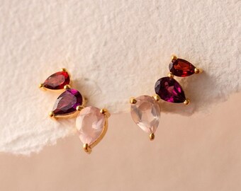 Rose Quartz Rhodolite Garnet Sterling Silver Stud Earrings, Gold Vermeil
