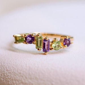 Amethyst and Peridot Ring, 24K Gold Vermeil on 925 Sterling Silver, Natural Gemstone, Statement Ring, Unique Handmade Jewelry, Gifts For Her