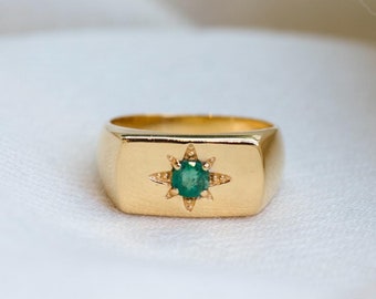 Star Emerald Ring, 24K Gold Vermeil on 925 Sterling Silver, Natural Gemstone, May Birthstone, Signet Ring, Handmade Jewelry, Gifts For Her