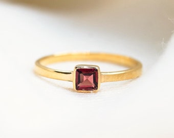 Square Garnet Ring, 24K Gold Vermeil Sterling Silver, Handmade Jewelry