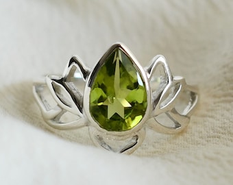 Lotus Peridot Ring, August Birthstone, 925 Sterling Silver, Green Floral Handmade Jewelry, Natural Gemstone, Pear Drop Designer Gift For Her