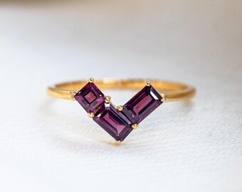 Rhodolite Garnet Ring, 24K Gold Vermeil Sterling Silver, Baguette Gemstone