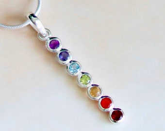 Minimalistic Chakra Pendant, Natural Seven Gemstones, Line Design Minimal Necklace, Spiritual Healing Yoga Jewelry, Sterling Silver, Rainbow