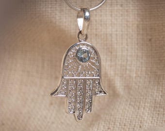 Hamsa Blue Topaz Necklace, 925 Sterling Silver Pendant, Gift For Her