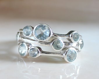 Blue Topaz Sterling Silver Bubble Ring, December Birthstone