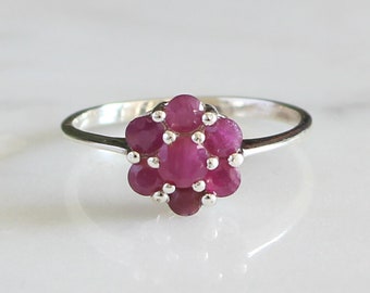 Floral Ruby Ring, 925 Sterling Silver, July Birthstone