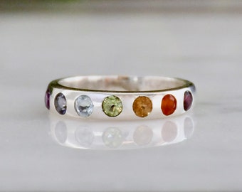 Chakra Ring, Natural 7 Gemstones, Spiritual Healing Ring, Yoga Jewelry, Sterling Silver, Stacking Rainbow Ring, Chakra Jewelry, Gift For Her