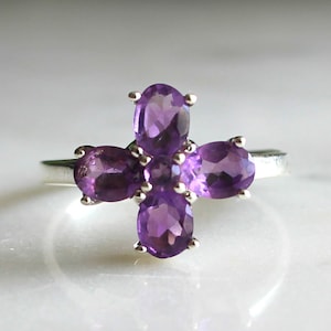 Flower Clover Amethyst Ring, Natural Amethyst, February Birthstone, Floral Ring, Sterling Silver 925, Amethyst Ring For Women, Purple Ring