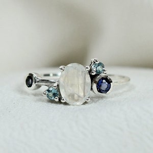 Rainbow Moonstone Ring, Blue Topaz and Iolite Ring, Multistone Celestial Ring, Sterling Silver, Unique Asymmetrical Promise Ring, Gifting