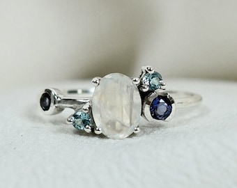 Rainbow Moonstone Ring, Blue Topaz and Iolite Ring, Multistone Celestial Ring, Sterling Silver, Unique Asymmetrical Promise Ring, Gifting