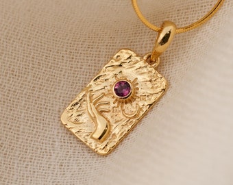 Rhodolite Garnet Celestial Pendant Necklace, 24K Gold Vermeil, Handmade