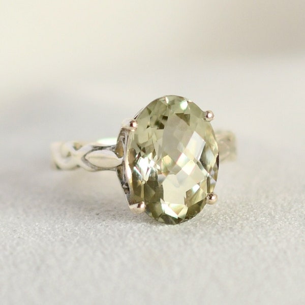 Green Amethyst Ring, February Birthstone, Prasiolite Cocktail Ring, Sterling Silver, Natural Gemstone, Unique Large Handmade Jewelry, Gift