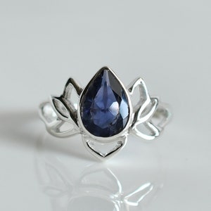 Lotus Iolite Ring, Pear Drop, 925 Sterling Silver Floral Jewelry