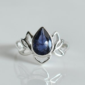 Lotus Iolite Ring, Indigo Blue Natural Gemstone, Unique Handmade Ring, 925 Sterling Silver, Floral Jewelry, Pear Drop Designer Gift For Her