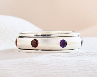 Chakra Spinner Ring, Natural 7 Gemstones, Spiritual Healing Ring, Yoga Jewelry, Sterling Silver, Rainbow Chakra Spinning Ring, Gift For Her