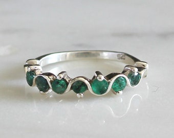 Emerald Stacking Ring, 925 Sterling Silver Wave Ring, May Birthstone