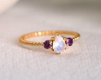 Rainbow Moonstone Rhodolite Garnet Ring, 24K Gold Vermeil Sterling Silver