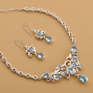 Blue Topaz Floral Necklace Set, Sterling Silver Bridal Jewelry