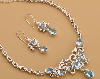 Blue Topaz Floral Necklace Set, Sterling Silver Bridal Jewelry