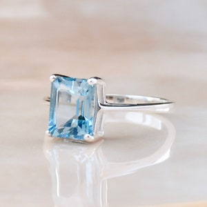 Blue Topaz Ring, Natural Gemstone, December Birthstone, Sterling Silver, Minimal Rectangle Ring, Gift For Her, Dainty Elegant, Octagon Cut