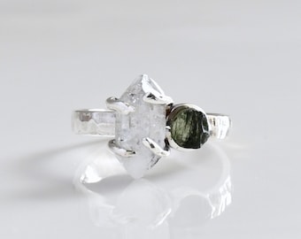 Moldavite Herkimer Diamond Ring, Sterling Silver Boho Ring